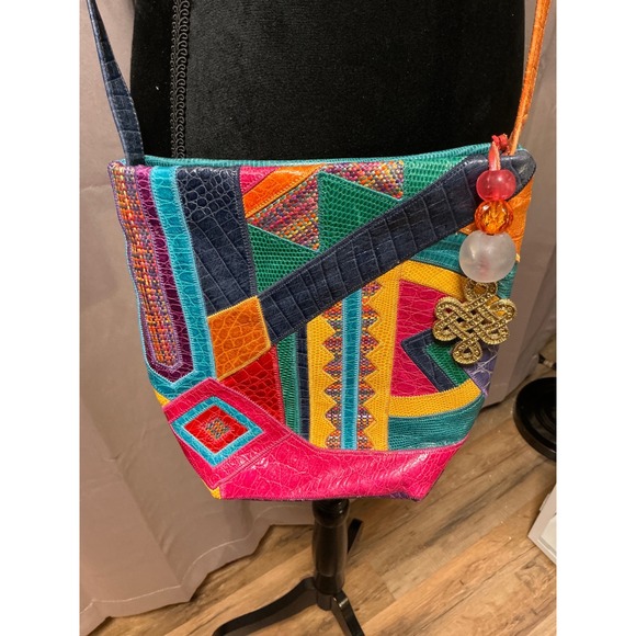 Sharif Made in USA Patchwork Leather Crossbody Bag Bohemian Multi Color - Picture 2 of 10